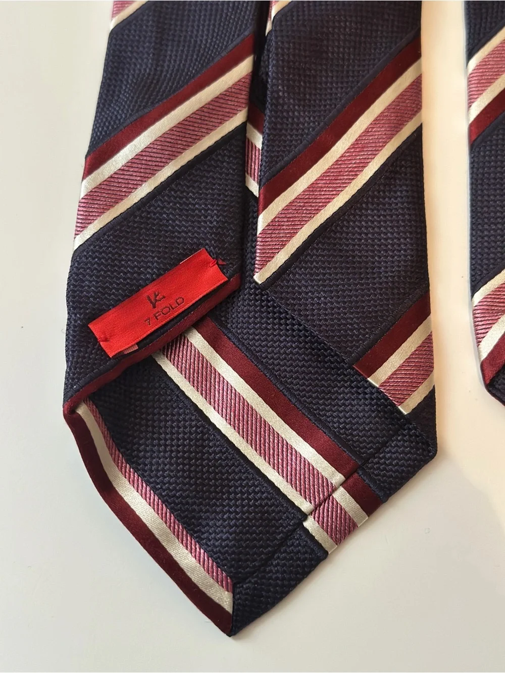 Isaia Napoli 7-Fold Silk Tie Navy Burgundy Pink Ivory Striped Made in Italy 57